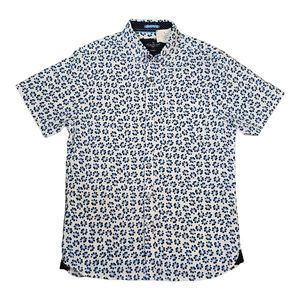 Across The Pond Lon NYC Mens Shirt Small White Blue Black Geometric Short Sleeve